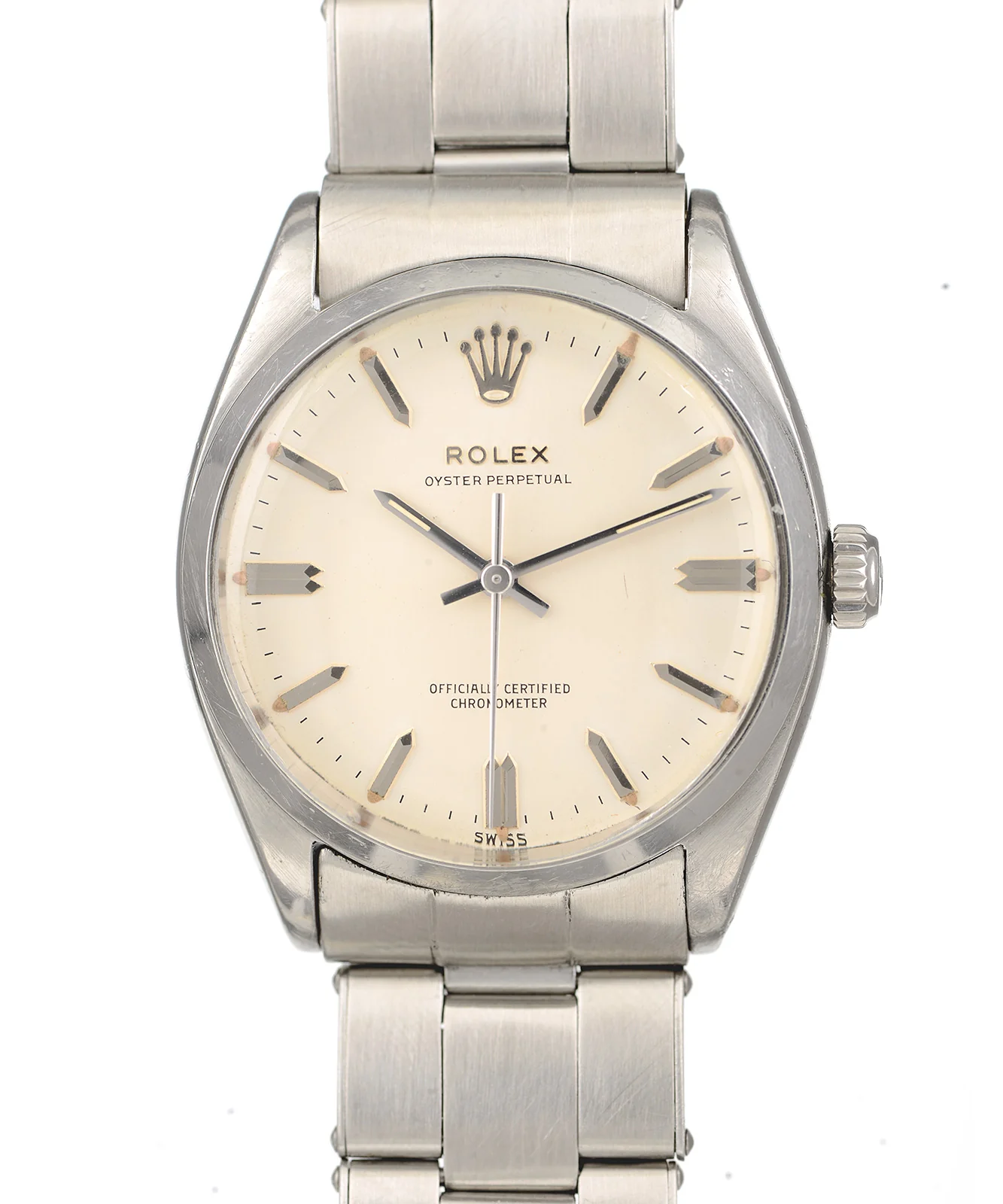 A silver Rolex Oyster Perpetual watch with a cream dial and metal bracelet.