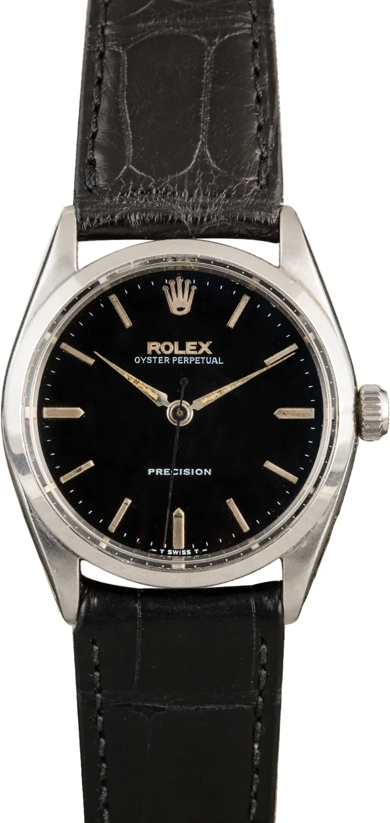 A black dial Rolex Oyster Perpetual 6552 Precision watch with a black leather strap.