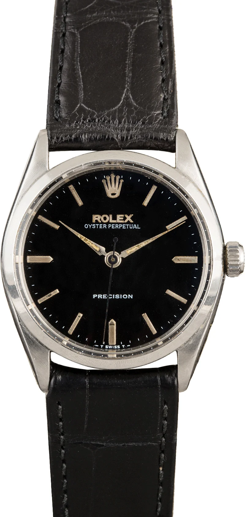 A black dial Rolex Oyster Perpetual 6552 Precision watch with a black leather strap.