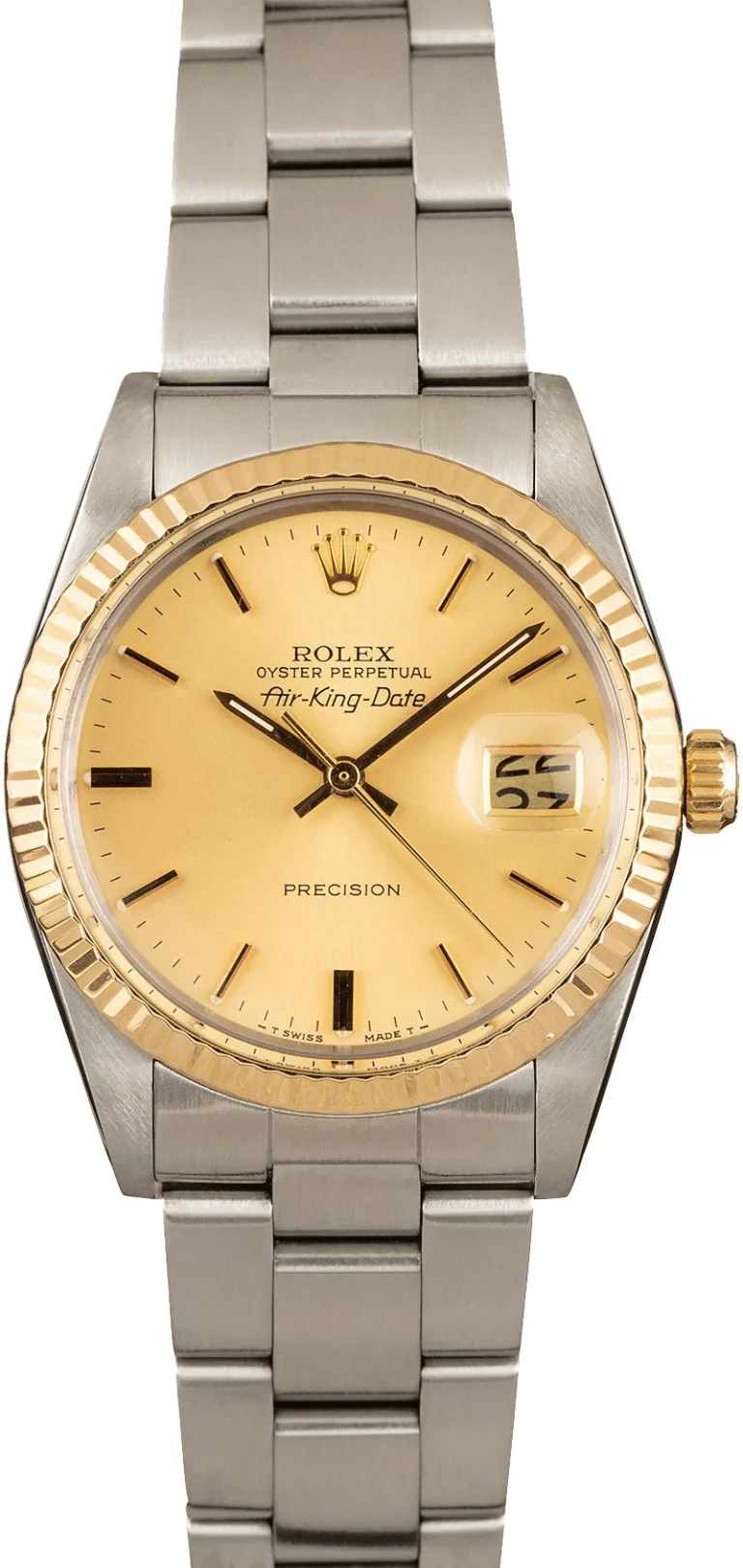 A Rolex Air-King Date watch, reference 5701, featuring a gold bezel, champagne dial, and silver metal bracelet.