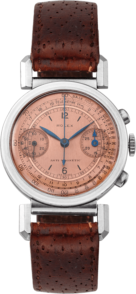 Vintage Rolex Chronograph 2920 watch with a brown leather strap and a pink dial featuring multiple subdials and blue accents.