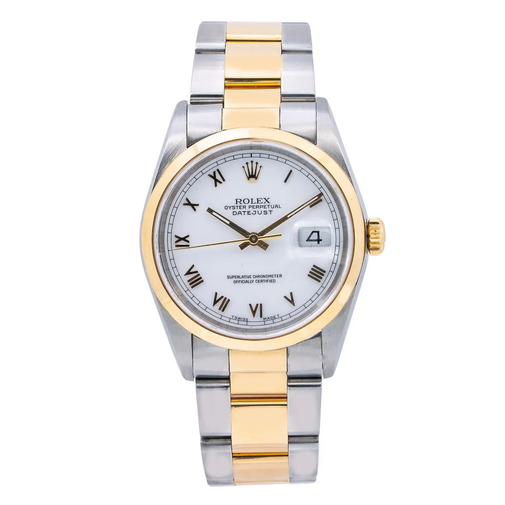 Rolex Datejust 16203 watch with a white dial, gold bezel, and a two-tone silver and gold metal bracelet.