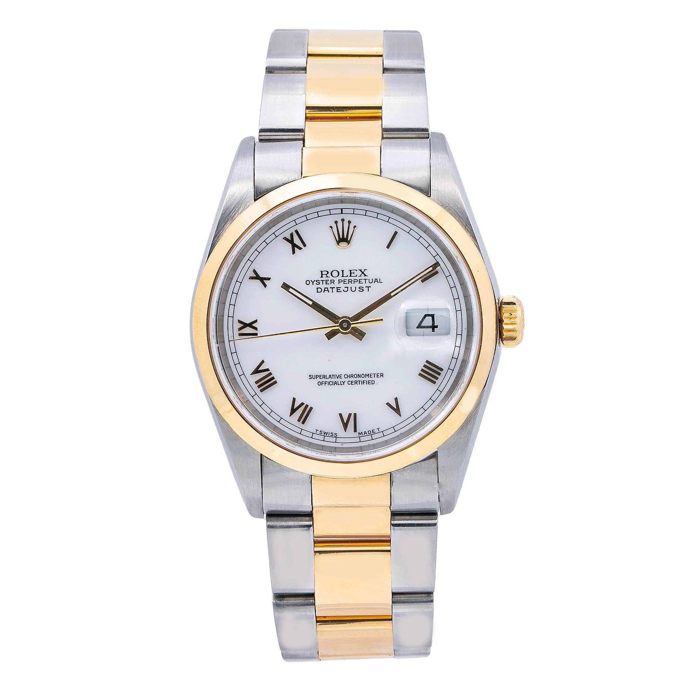 Rolex Datejust 16203 watch with a white dial, gold bezel, and a two-tone silver and gold metal bracelet.