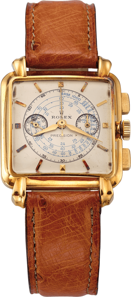 A vintage gold Rolex chronograph wristwatch with a brown leather strap and a detailed, square dial, model 8206.