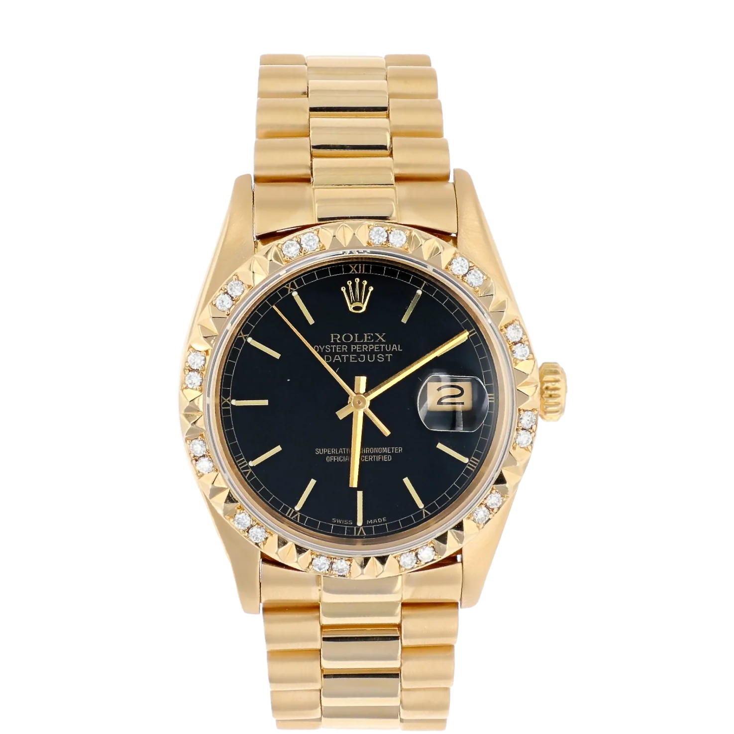 Gold Rolex Datejust 16018 watch with a black dial, date window, diamond bezel, and gold bracelet band.