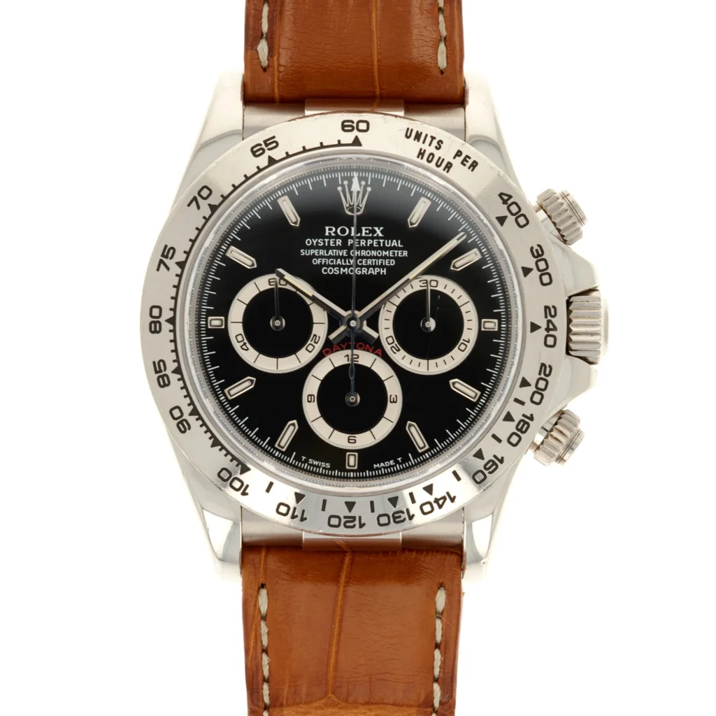 A Rolex Cosmograph Daytona chronograph watch featuring a black dial, silver bezel, and brown leather strap, reference 16519.