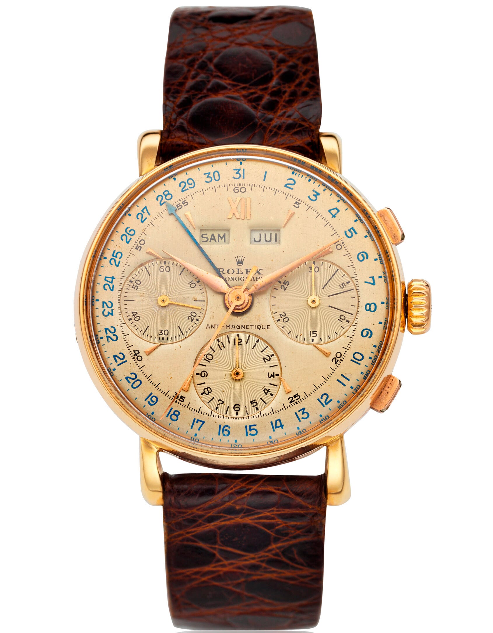 Vintage gold Rolex Chronograph 4768 wristwatch with three subdials, leather strap, and day-date indicators on the face.