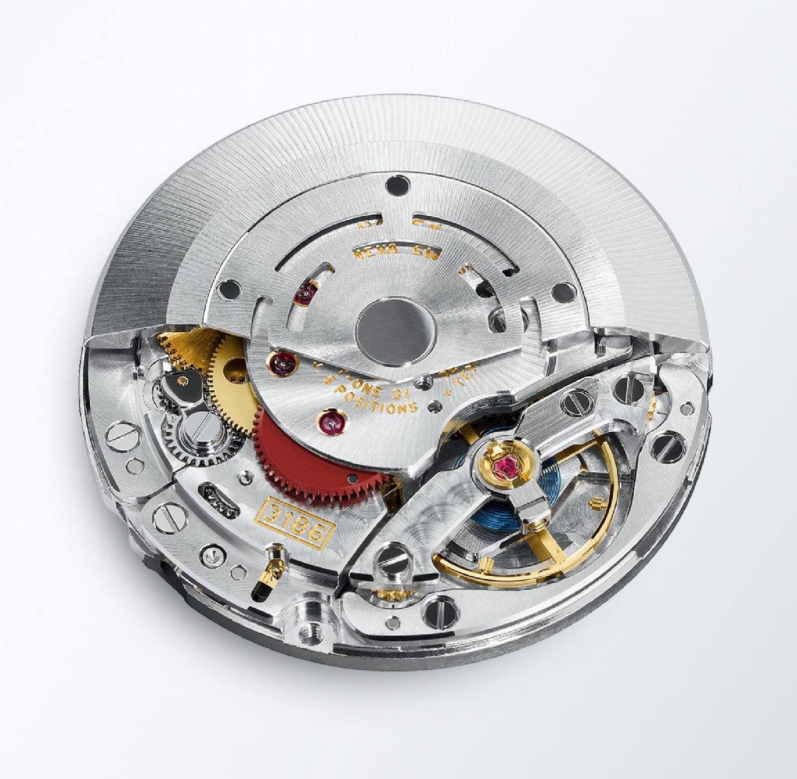 Close-up of a mechanical watch movement showing gears, springs, and intricate metal components.