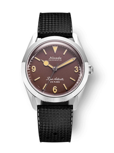 A brown-dial Nivada Grenchen Super Antarctic wristwatch, model 32041A01, features yellow markers and a black textured strap.
