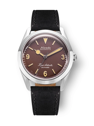 A brown-dial Nivada Grenchen Super Antarctic watch with a black leather strap and silver case, displaying 3, 6, 9, and 12 markers. Model: 32041A17.