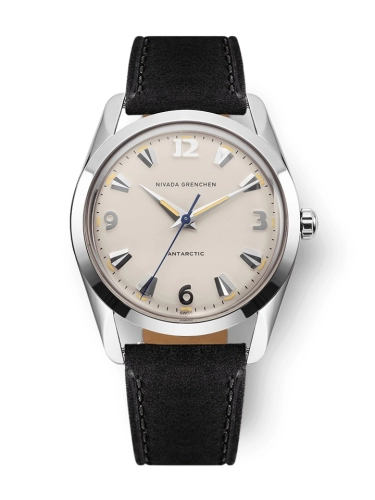 A silver Nivada Grenchen Antarctic wristwatch, model 35001M17, featuring a beige dial and black leather strap.