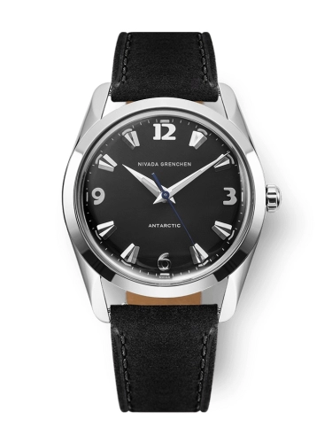 A black Nivada Grenchen Antarctic wristwatch, model 35002M17, featuring a leather strap and elegant silver details.