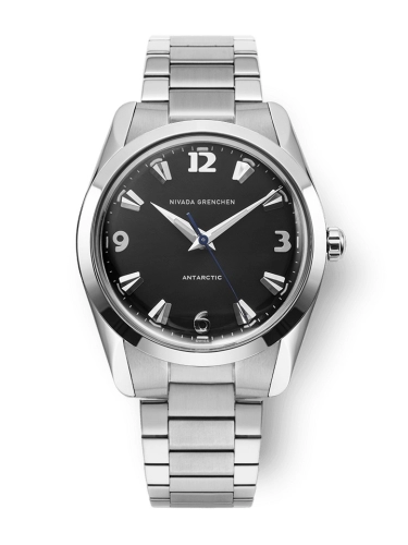 A silver Nivada Grenchen Antarctic 35002M20 wristwatch featuring a sleek black dial and a sturdy metal bracelet.