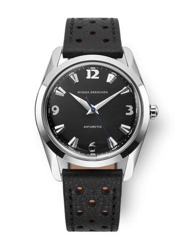 A black Nivada Grenchen Antarctic wristwatch, model 35002M40, featuring a black perforated leather strap and elegant silver accents.