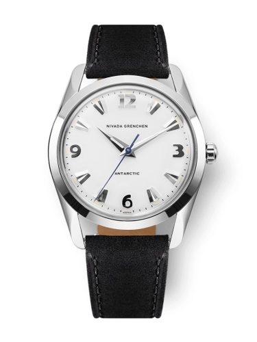 A silver Nivada Grenchen Antarctic wristwatch (35005M17) with a white face, black leather strap, and elegant silver hour markers and hands.
