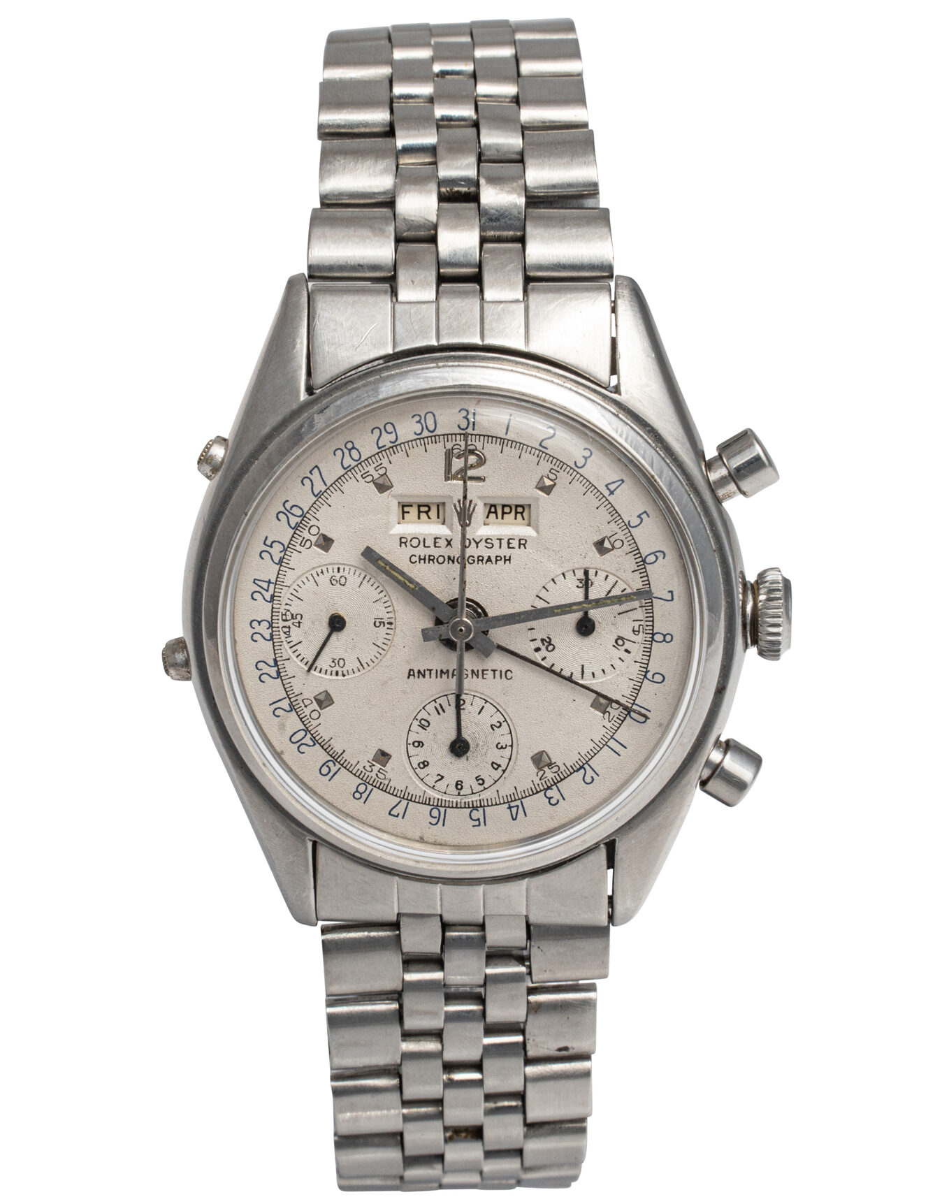 Silver Rolex Chronograph 4767 wristwatch featuring a metal band and multiple dials on the elegant watch face.