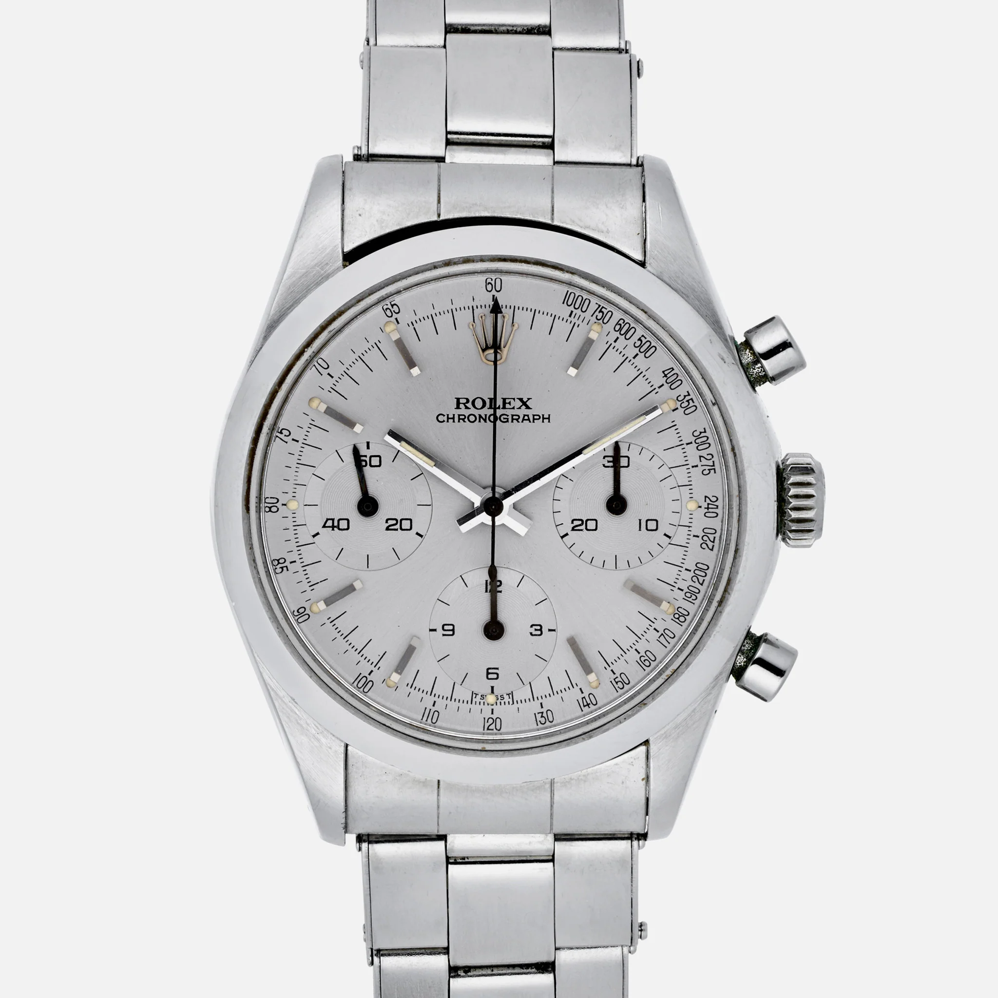 Silver Rolex chronograph 6238 watch with three subdials, metal bracelet, and two pushers on the right side.