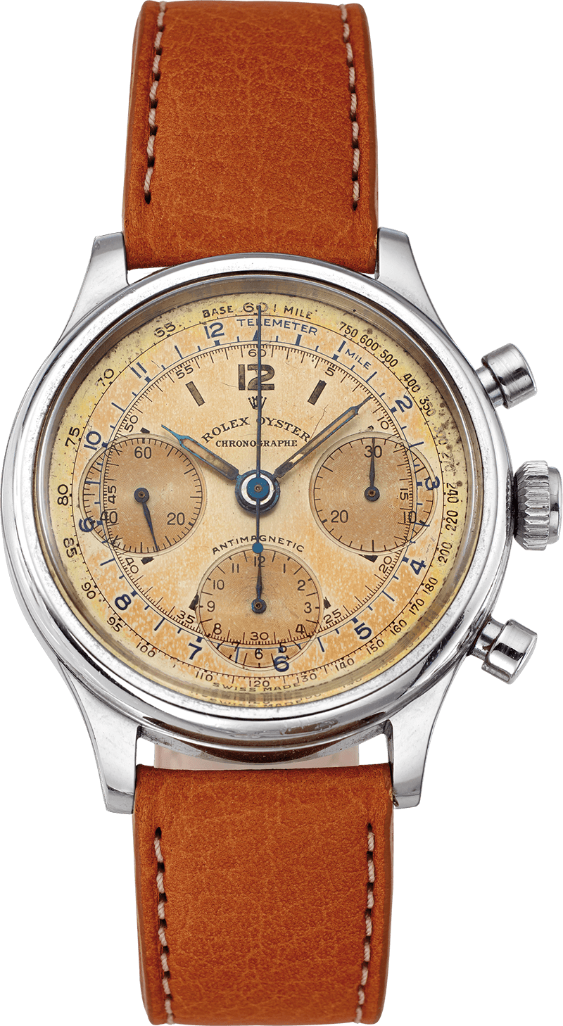 Vintage Rolex chronograph 4048 watch with a tan leather strap and a gold-tone dial featuring multiple subdials.