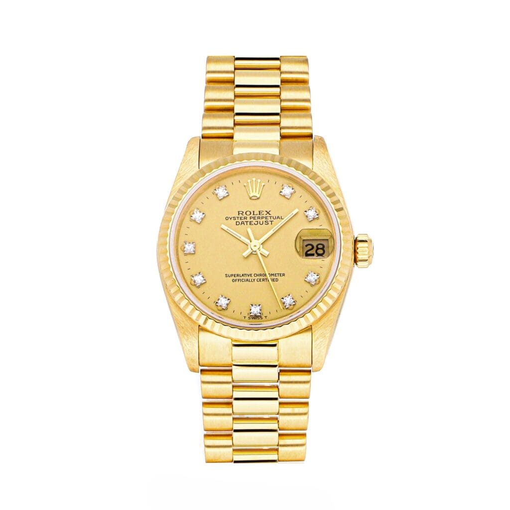 Gold Rolex Datejust 68278 watch with a link bracelet, diamond hour markers, and a date window at 3 o’clock.