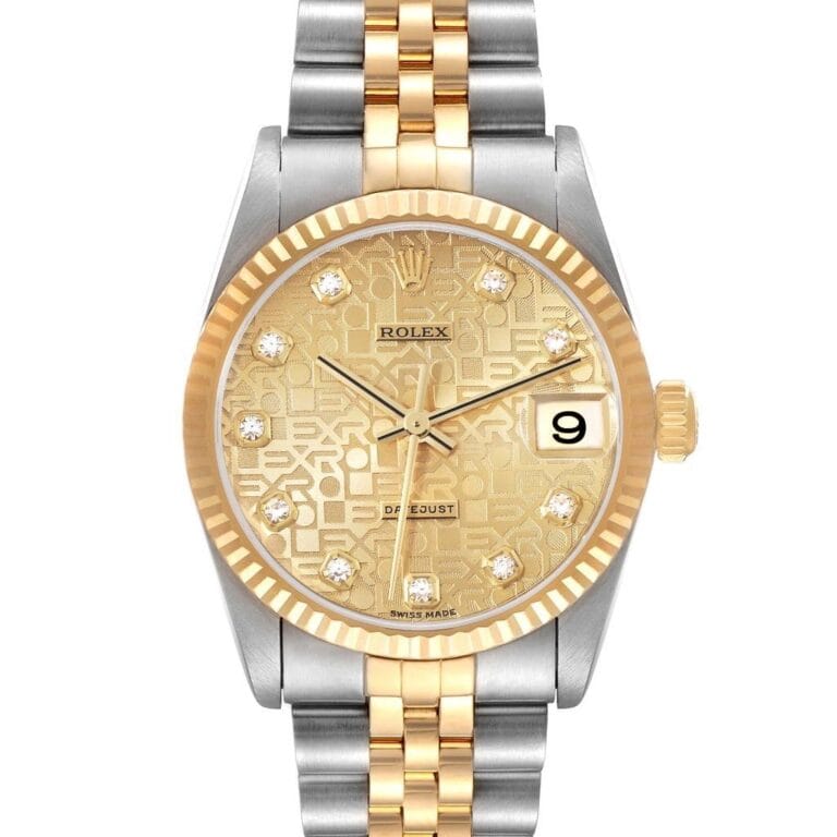 Gold and silver Rolex Datejust 78273 watch with a patterned gold dial, diamond hour markers, and a date display.