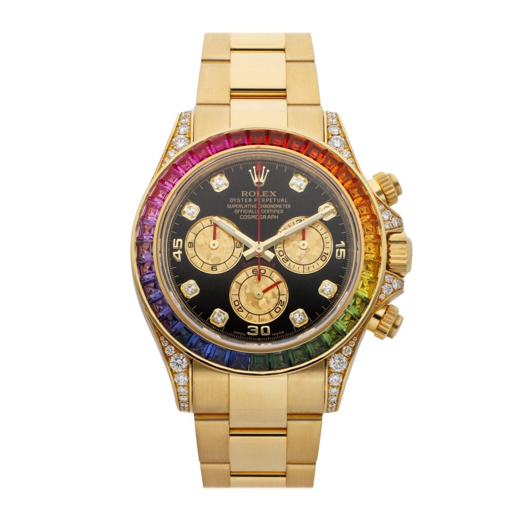 Gold Rolex Cosmograph Daytona with rainbow gemstone bezel, black dial, and three gold sub-dials—a striking Daytona 116598 masterpiece.