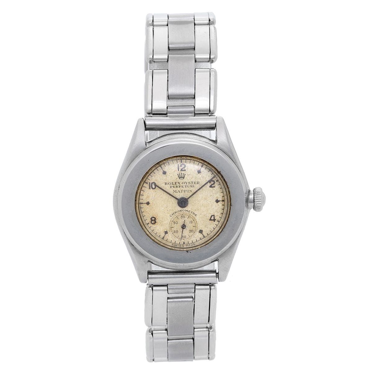 A vintage silver Rolex Oyster Perpetual wristwatch, model 3348, with a round, worn white dial and metal link band, shown from above.