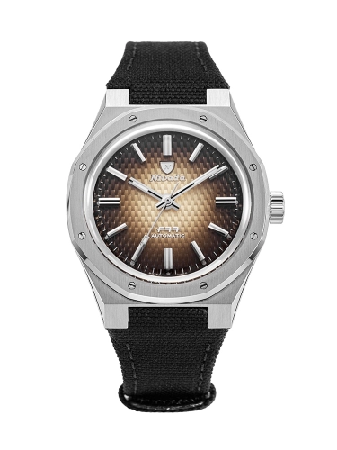 A Nivada Grenchen F77 silver wristwatch featuring a brown gradient textured dial and black fabric strap, model 68002A77-BC, elegantly displays the time as 10:08.