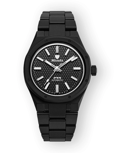 Black wristwatch with a textured black dial and silver hour markers, featuring the Nivada Grenchen brand name and inspired by the iconic F77 model.