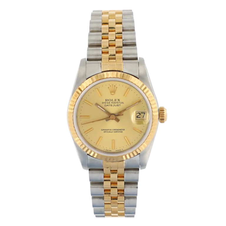 A two-tone Rolex Datejust 68273 watch with a gold dial, date window, and a stainless steel and gold bracelet.