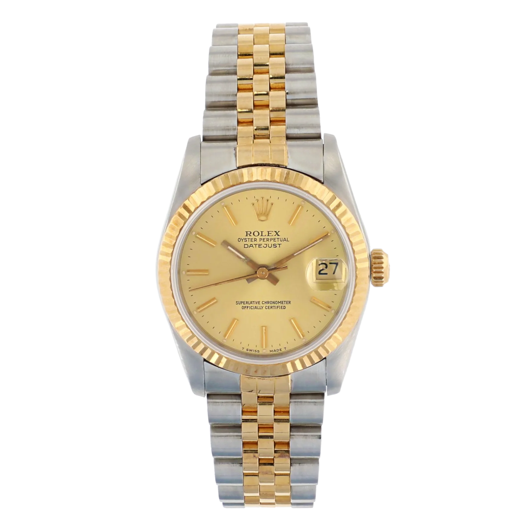 A two-tone Rolex Datejust 68273 watch with a gold dial, date window, and a stainless steel and gold bracelet.