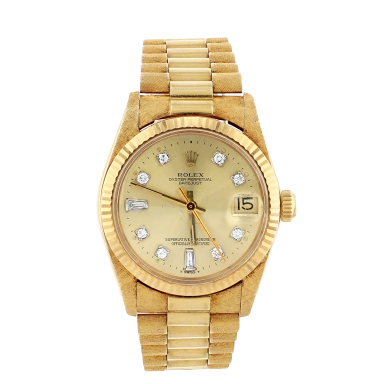 Gold Rolex Datejust 6827 with a champagne dial, diamond hour markers, and a date display at 3 o’clock.