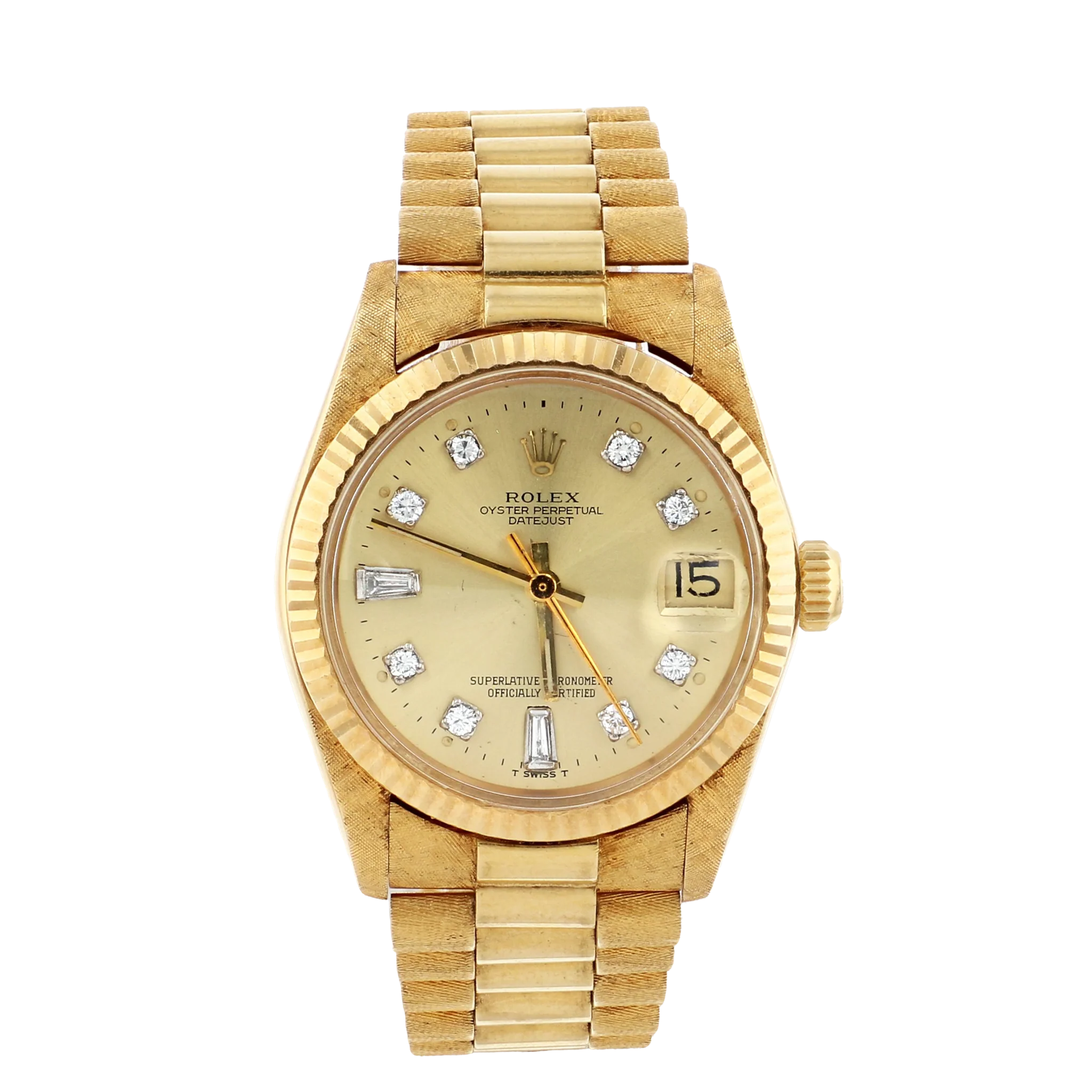 Gold Rolex Datejust 6827 with a champagne dial, diamond hour markers, and a date display at 3 o’clock.
