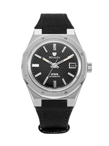 A Nivada Grenchen automatic wristwatch with a black strap, black textured dial, and a date display at 3 o’clock, inspired by the iconic F77.
