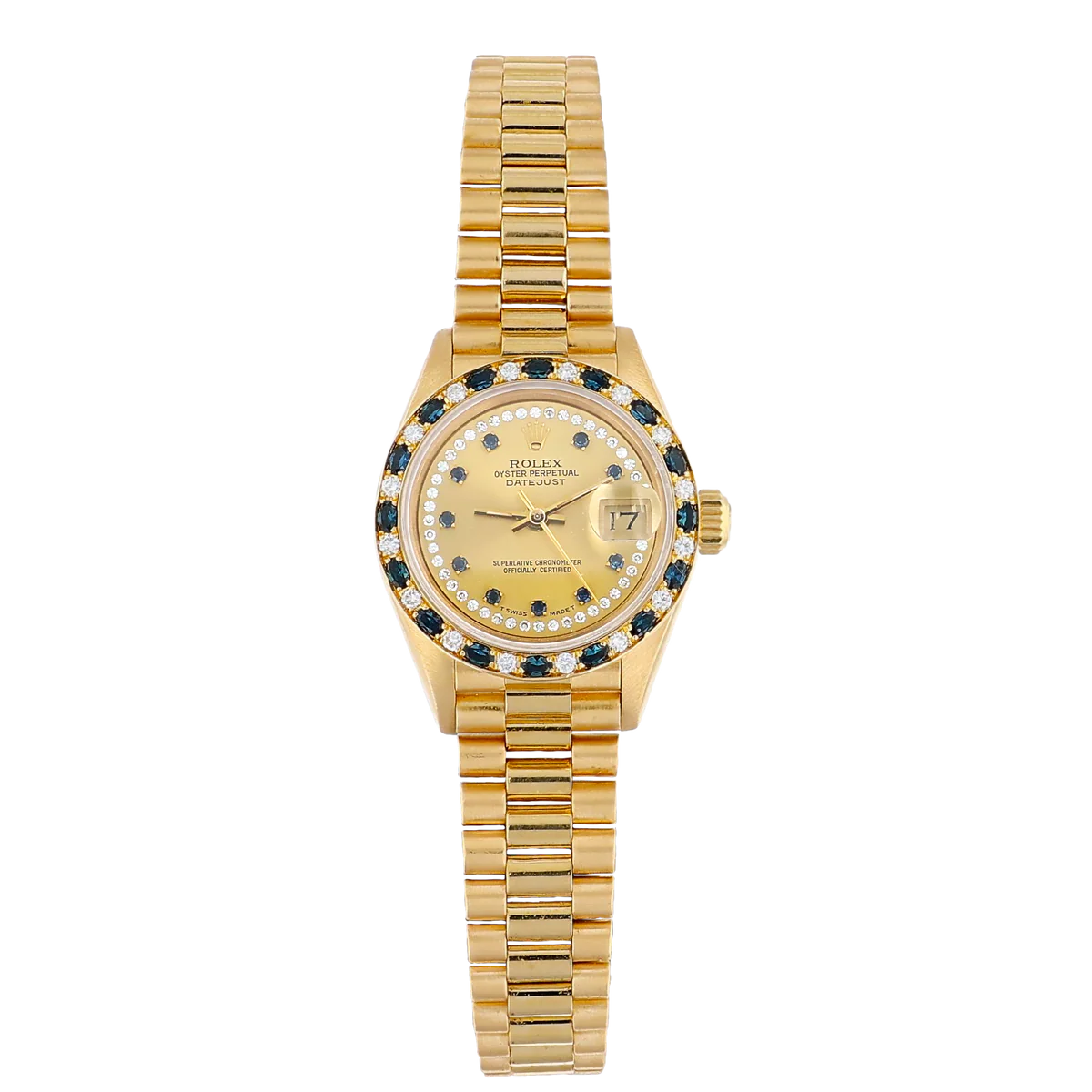 Gold Rolex Datejust 69198 watch featuring a diamond and sapphire bezel, gold bracelet, and a champagne dial displaying the date.