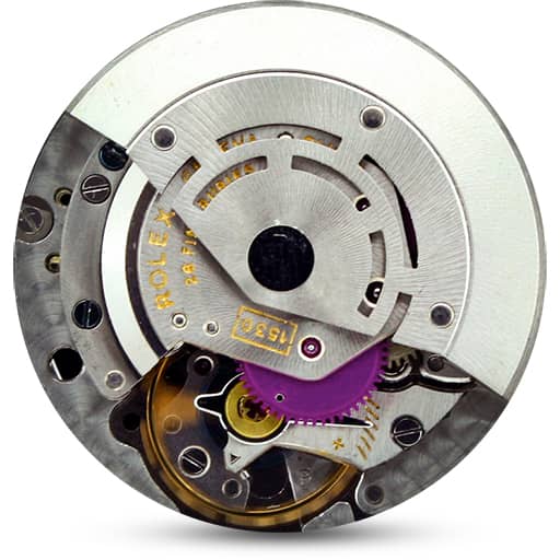 Close-up of a Rolex watch movement showing gears, metal components, and a purple gear inside.