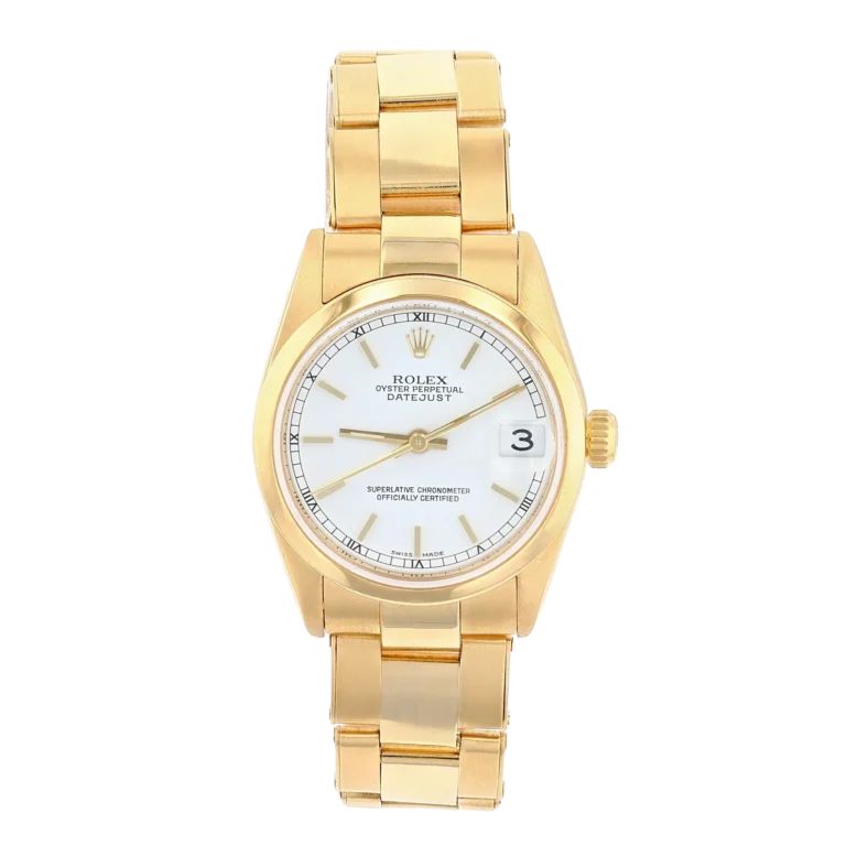 Gold Rolex Datejust 78248 watch with a white dial, date display, and gold link bracelet.