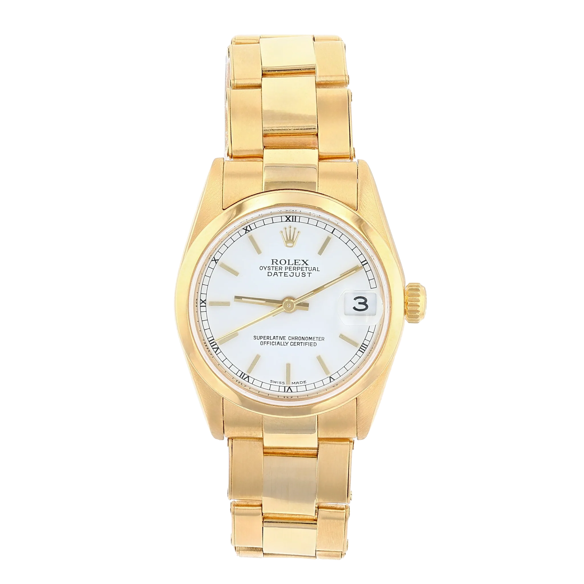 Gold Rolex Datejust 78248 watch with a white dial, date display, and gold link bracelet.