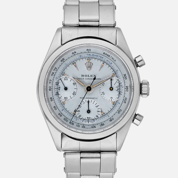 A silver Rolex 6234 Oyster Chronograph wristwatch with three subdials and a stainless steel bracelet.