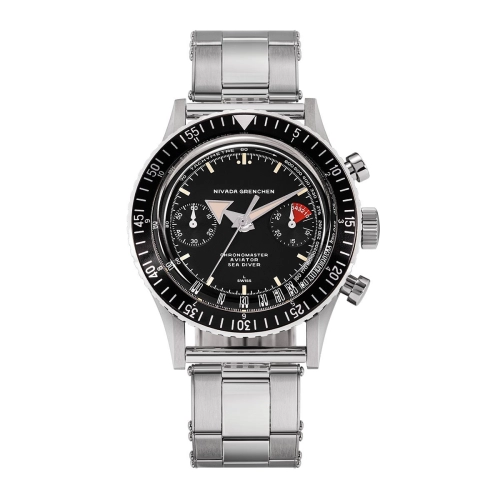 Silver wristwatch with a black dial, rotating bezel, and multiple subdials, displayed on a metal bracelet—a striking Nivada Grenchen Chronomaster Aviator Sea Diver 86001A-OYST.