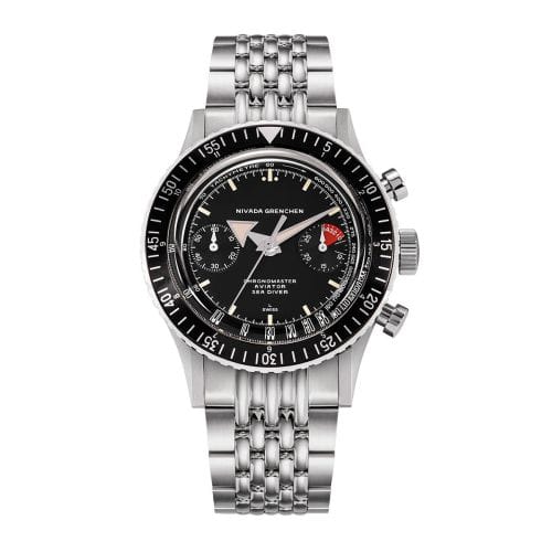 A stainless steel Nivada Grenchen Sea Diver chronograph wristwatch with a black dial and metal link bracelet.