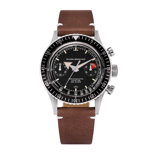 A Nivada Grenchen Chronomaster Aviator wristwatch with a brown leather strap, black dial, and silver case featuring multiple subdials and pushers.