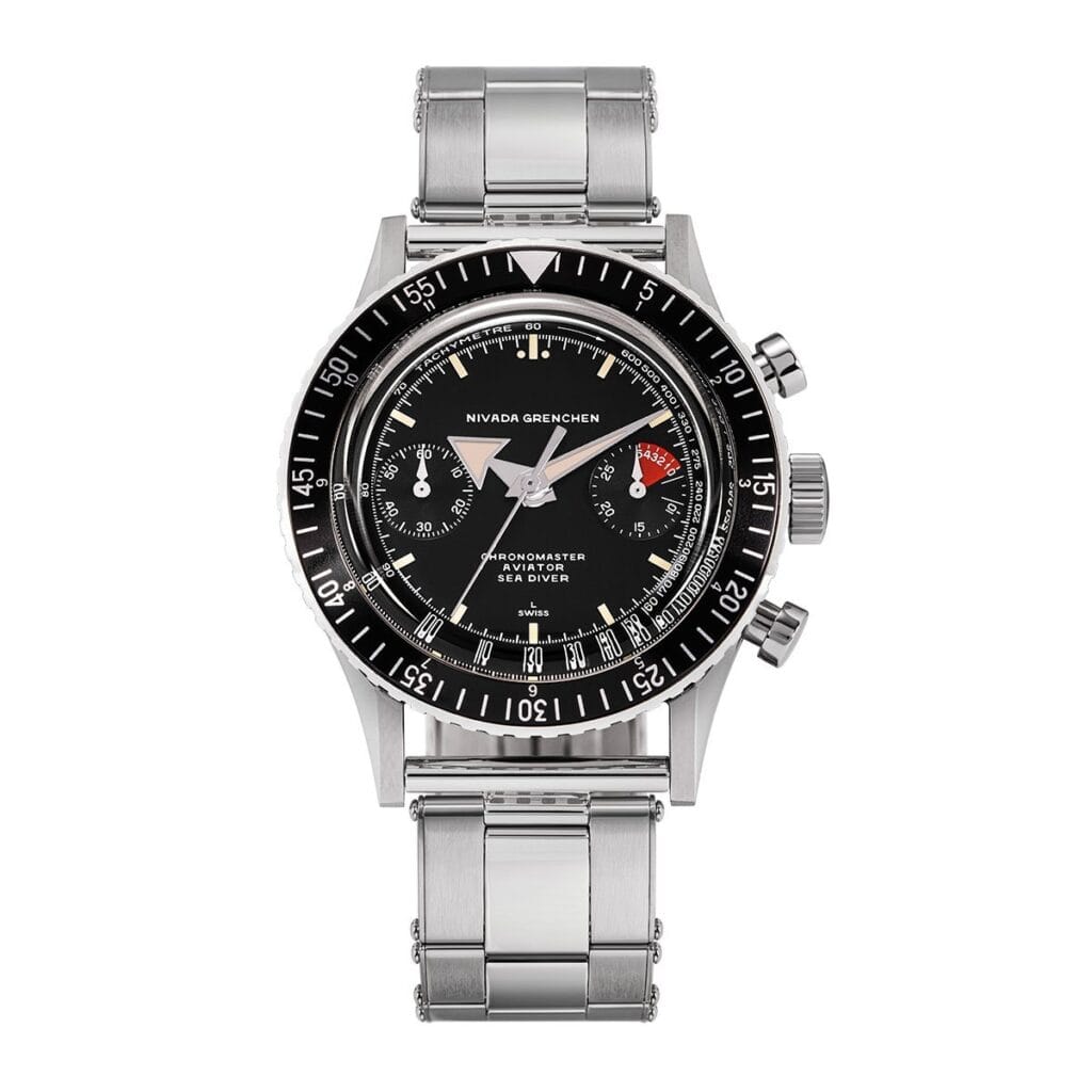 A stainless steel Nivada Grenchen Chronomaster Aviator Sea Diver 86007M-OYST chronograph wristwatch with a black dial and metal bracelet.
