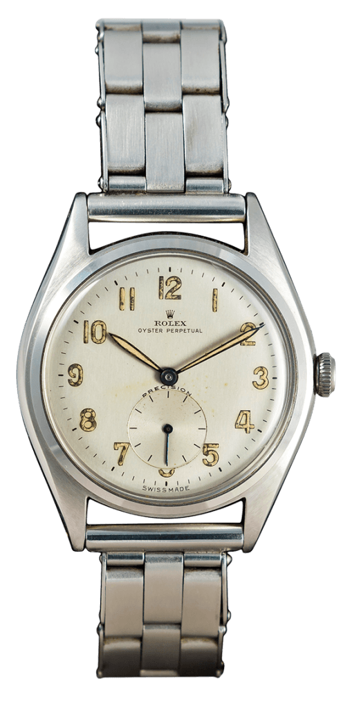 A vintage silver Rolex Oyster Perpetual wristwatch, known as the Rolex Bubbleback 5026, featuring a metal band and cream-colored dial.