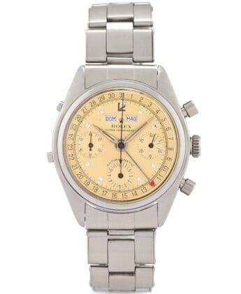 A vintage stainless steel Rolex Chronograph 5036 watch with a beige dial and metal bracelet.