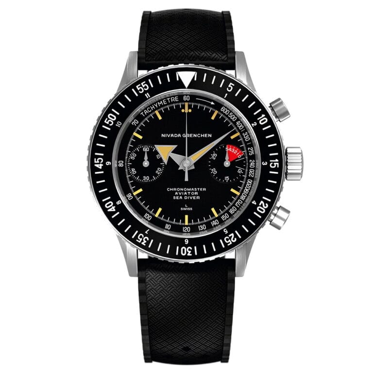 Black Nivada Grenchen Chronomaster Aviator Sea Diver 105-30886 watch with a black strap and silver case, featuring three subdials.