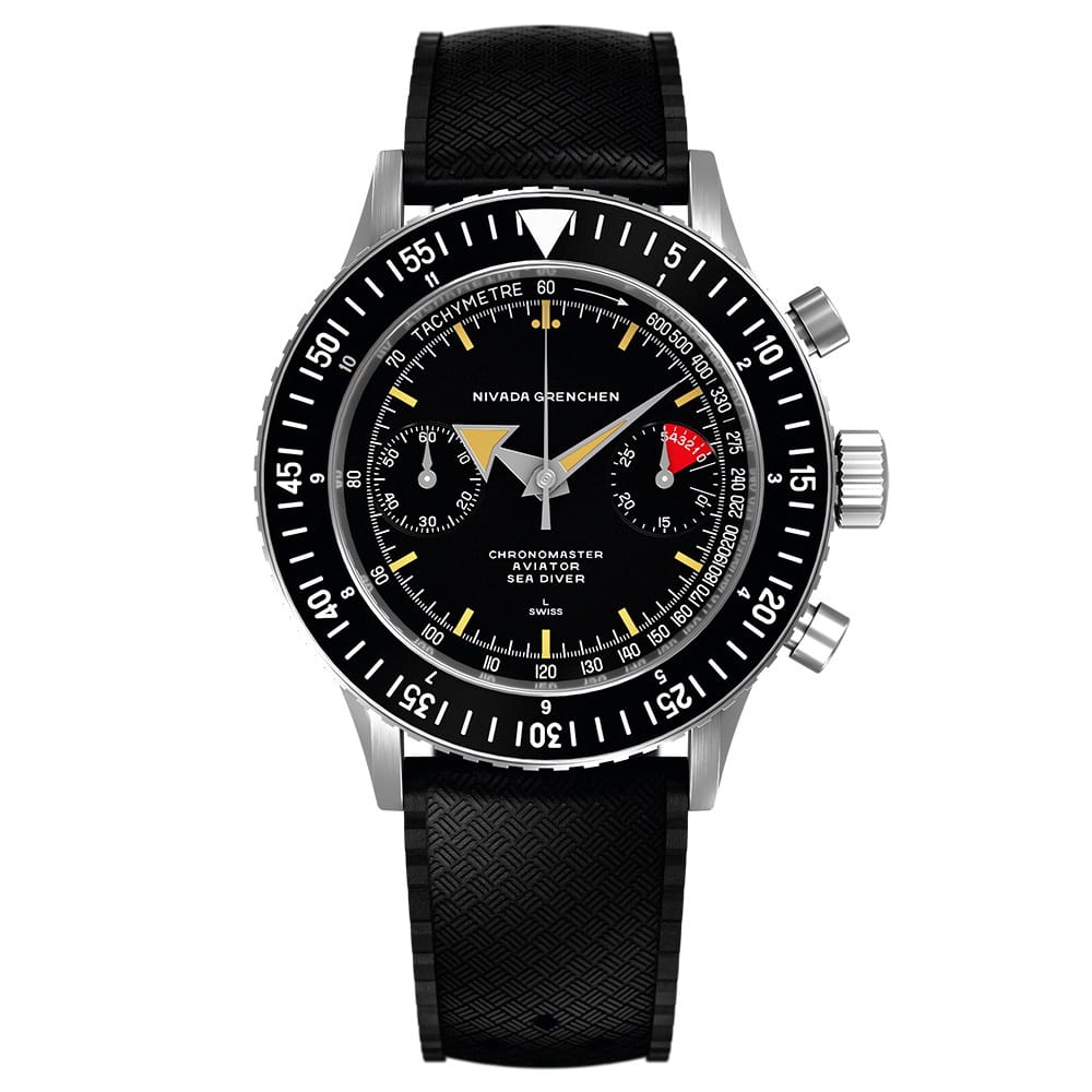 Black Nivada Grenchen Chronomaster Aviator Sea Diver 105-30886 watch with a black strap and silver case, featuring three subdials.