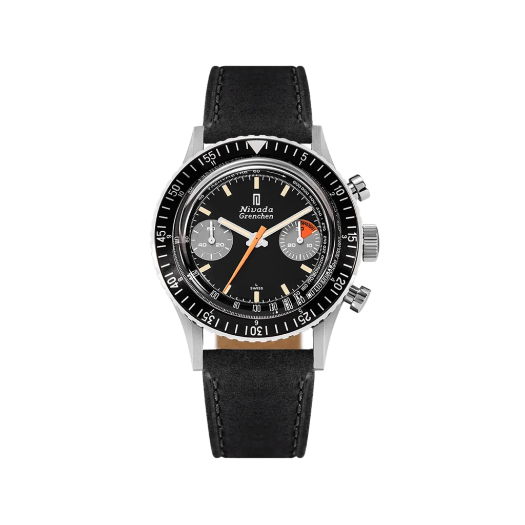 A black and silver chronograph wristwatch, the Nivada Grenchen Chronomaster Aviator Sea Diver 85004, features a black leather strap and two subdials on the face.