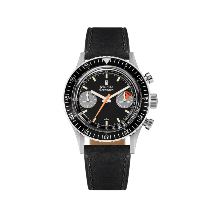 A black and silver chronograph wristwatch, the Nivada Grenchen Chronomaster Aviator Sea Diver 85004, features a black leather strap and two subdials on the face.