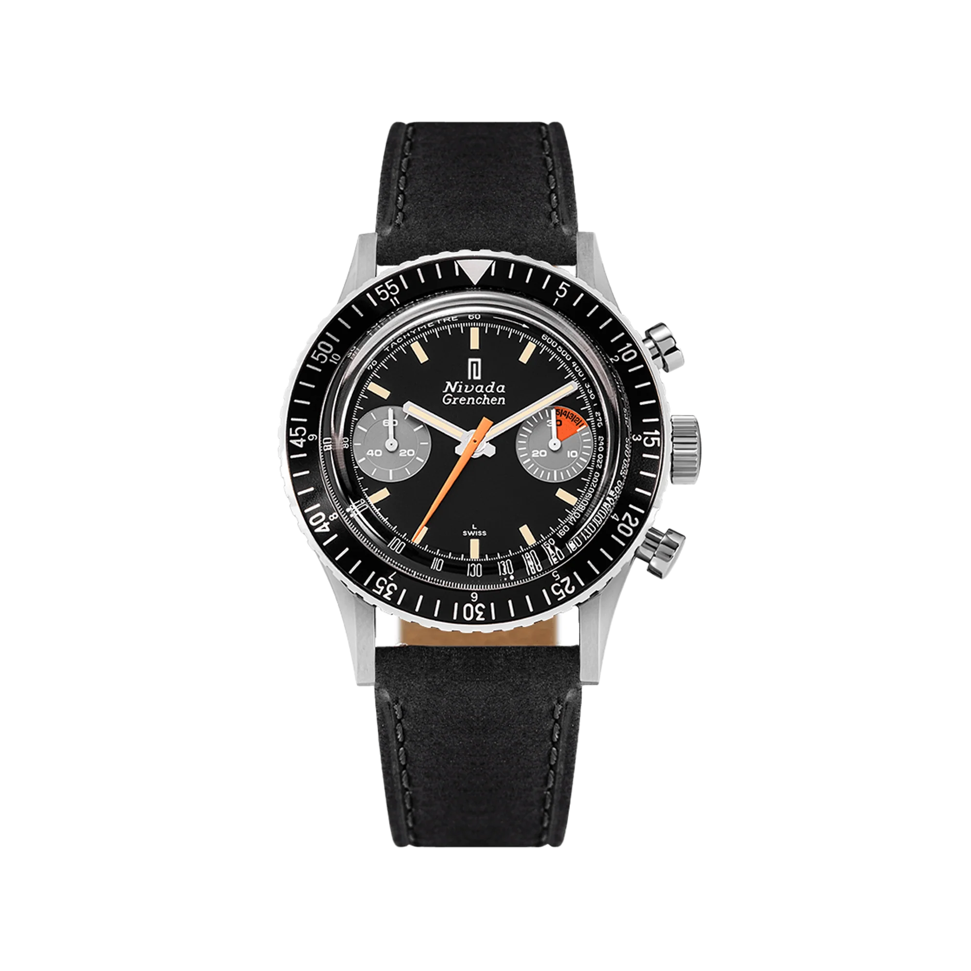 A black and silver chronograph wristwatch, the Nivada Grenchen Chronomaster Aviator Sea Diver 85004, features a black leather strap and two subdials on the face.