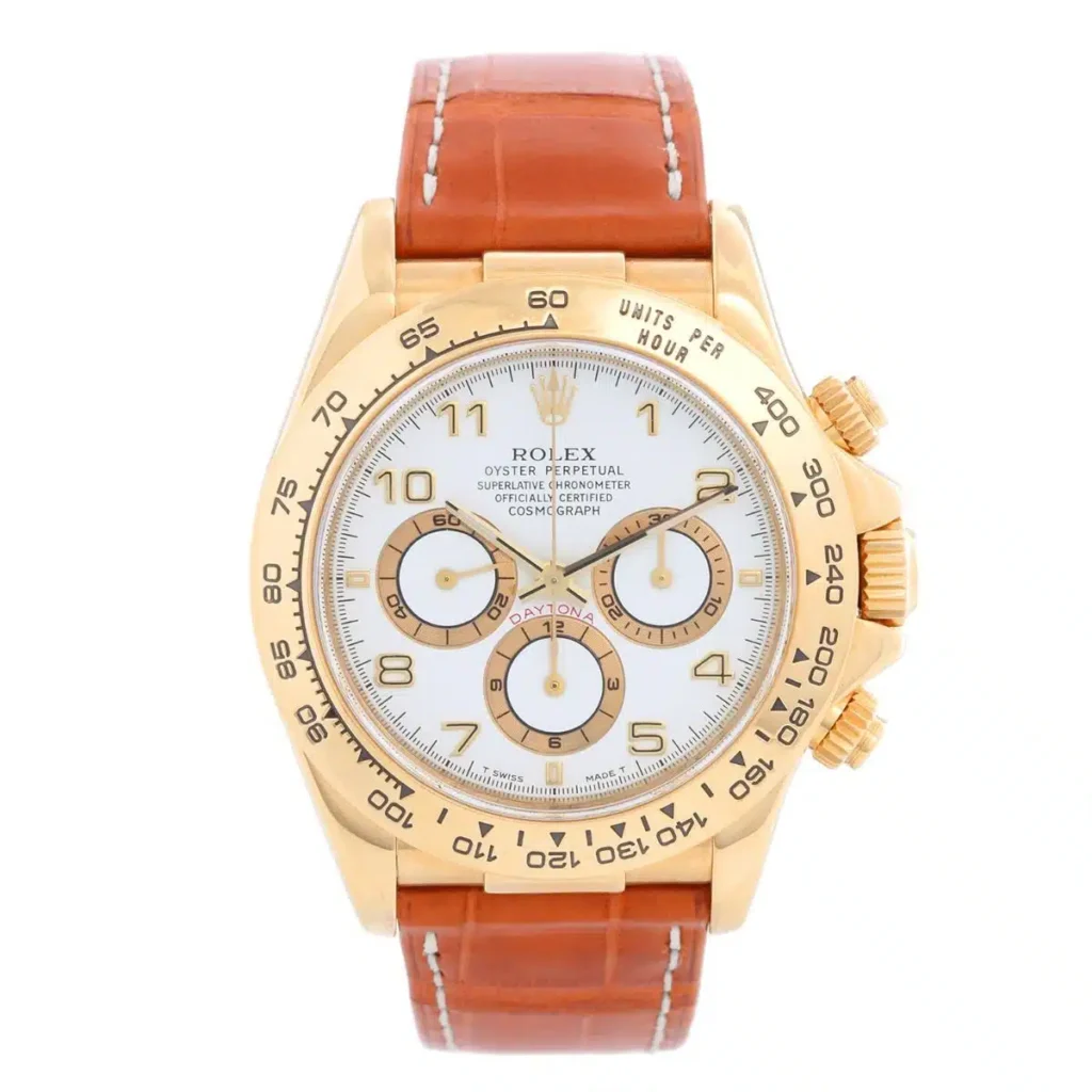 Gold Rolex Cosmograph Daytona 16518 watch with a white dial, brown leather strap, and three subdials, shown from above.